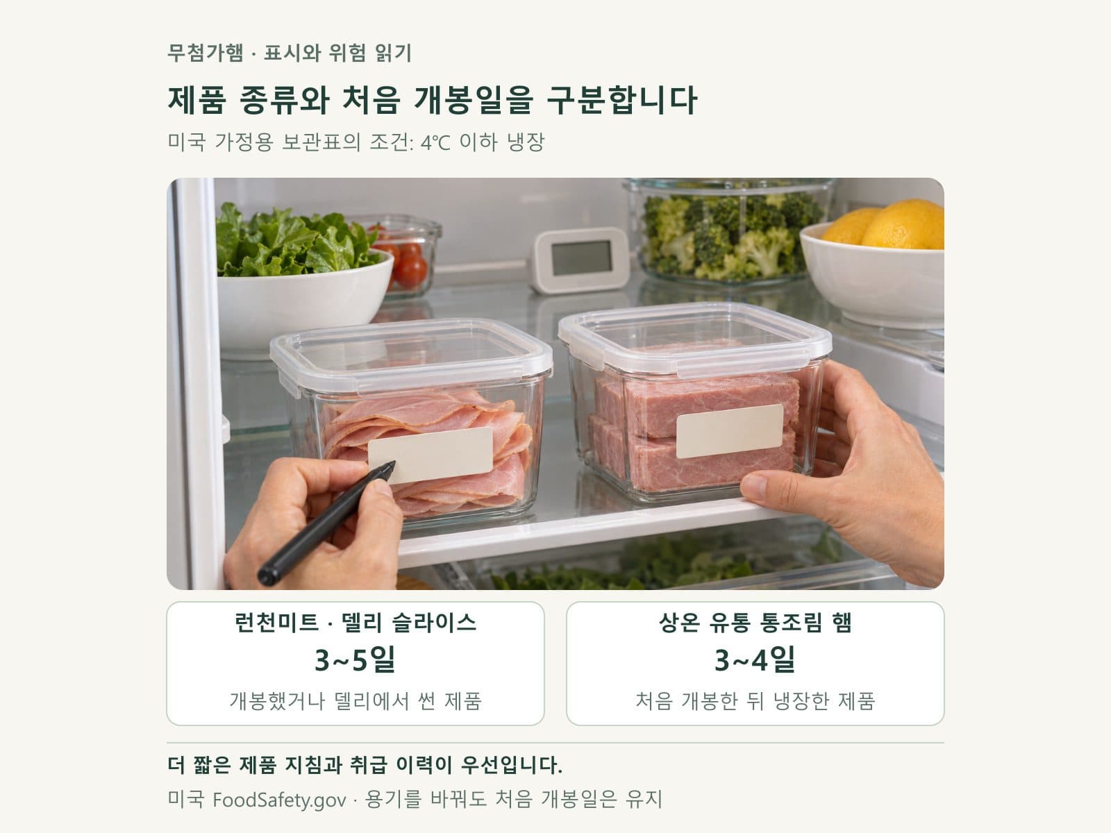 제품 종류와 처음 개봉일을 구분해 냉장 보관하는 햄 용기