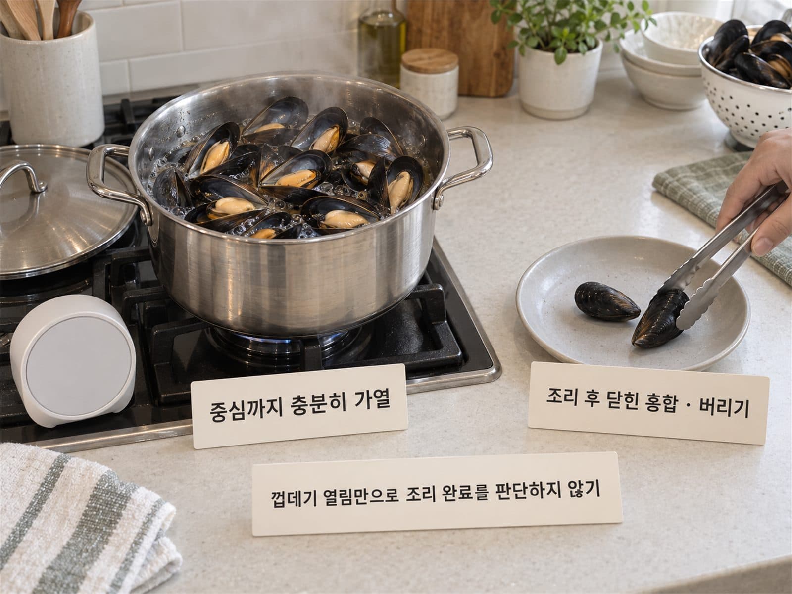 홍합 가열 후 열린 것과 안 열린 것 폐기