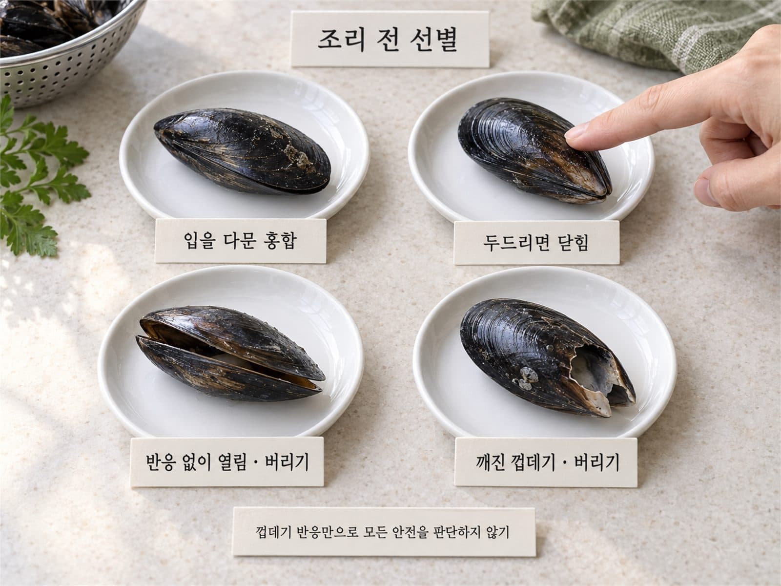 생홍합 입 벌어짐 닫힘 반응 깨진 껍데기 비교