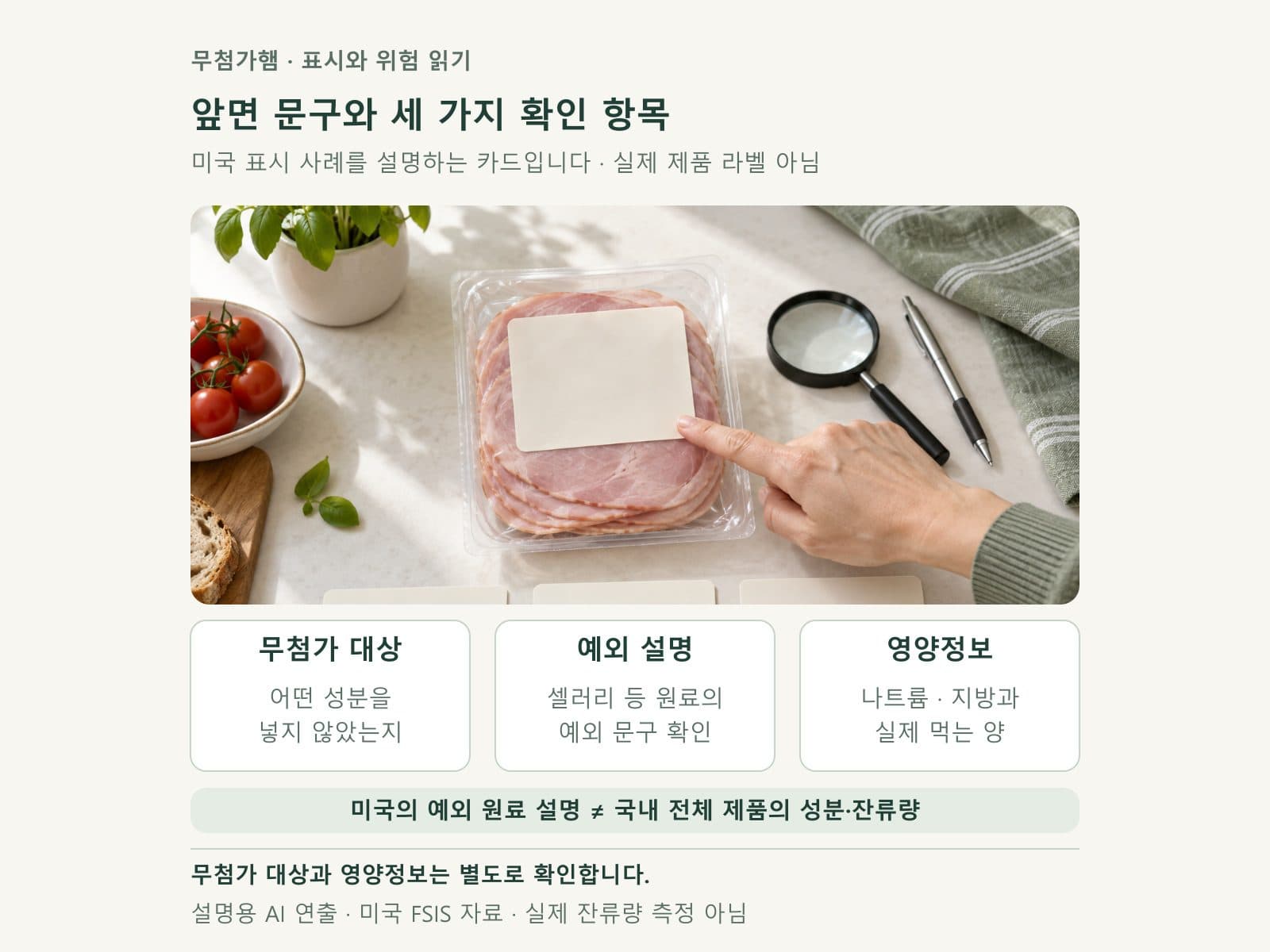 햄 포장의 무첨가 대상과 예외 원료 및 영양정보를 나눠 확인하는 카드
