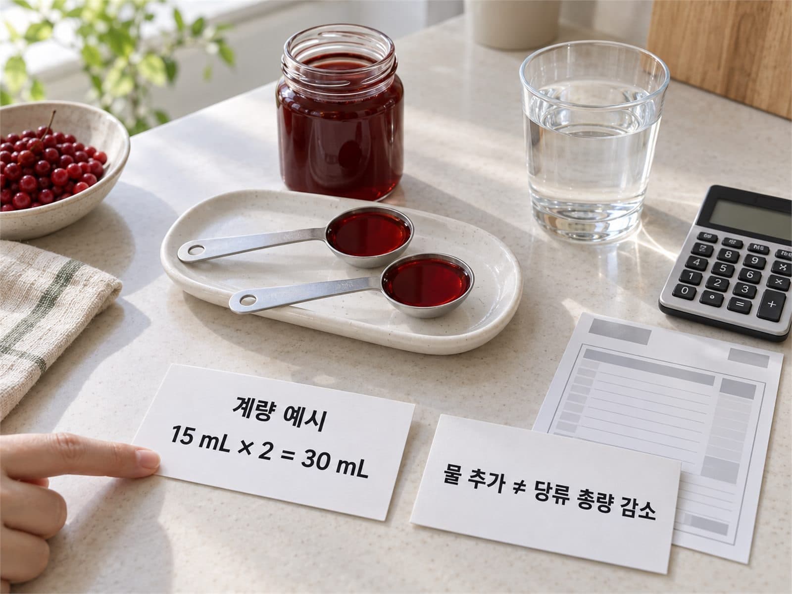 계량스푼, 영양표, 물컵, 계산기로 오미자청 당류를 계산하는 사진