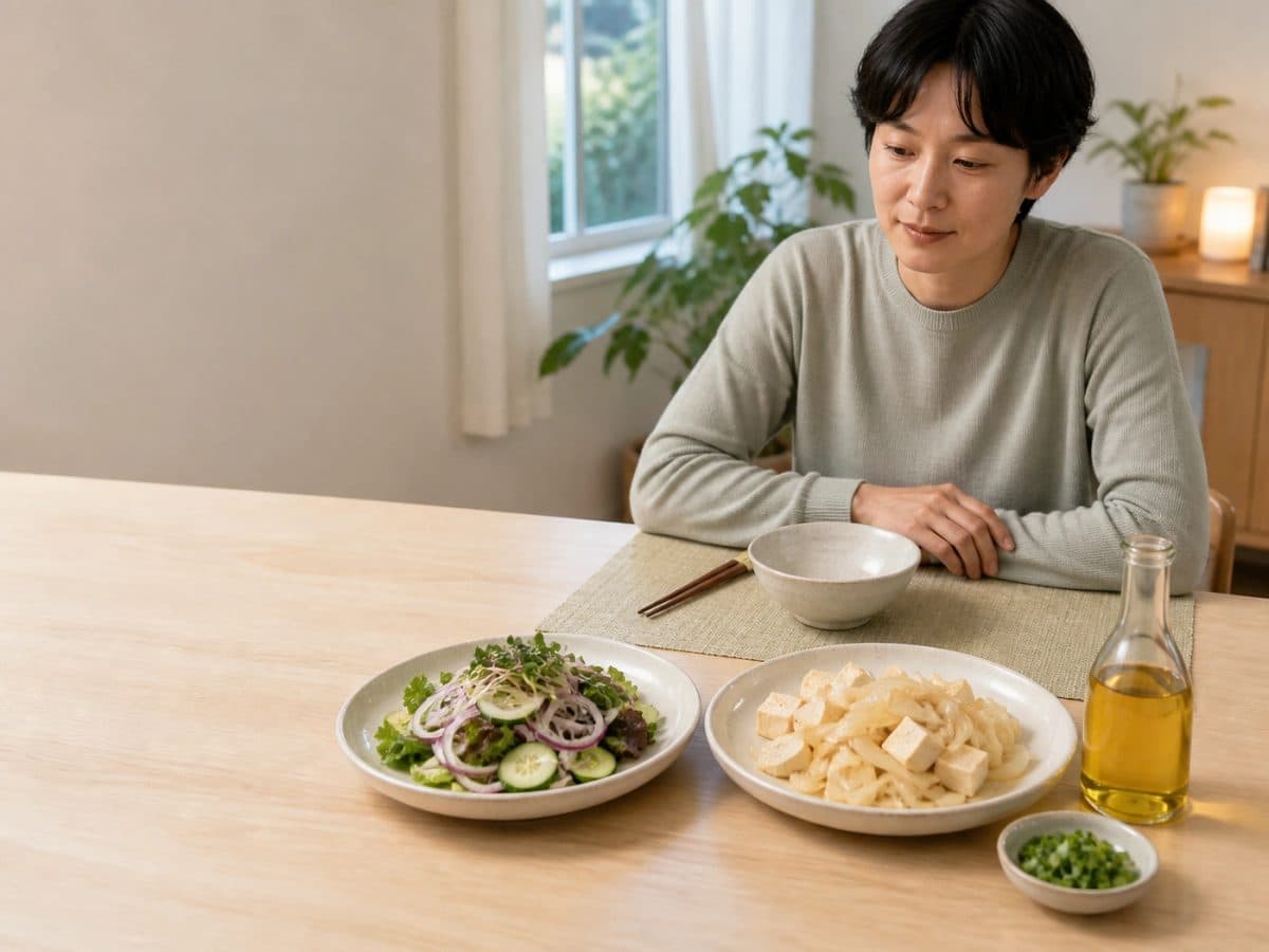 생양파 샐러드와 부드럽게 볶은 양파 반찬을 비교해 자신의 위장 반응에 맞는 조리법을 고르는 모습