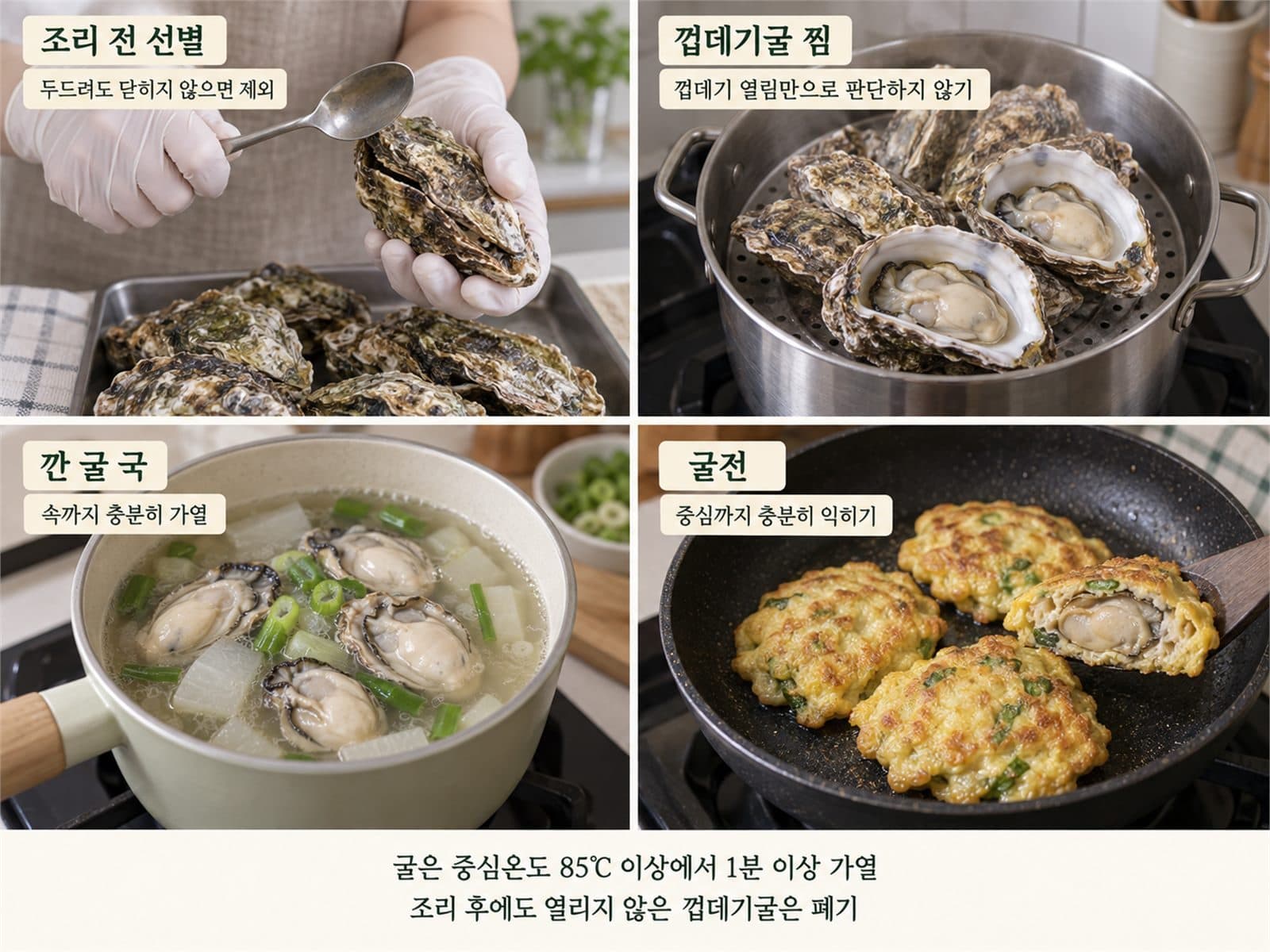 굴 껍데기 깐굴 찜 국 전 충분한 가열
