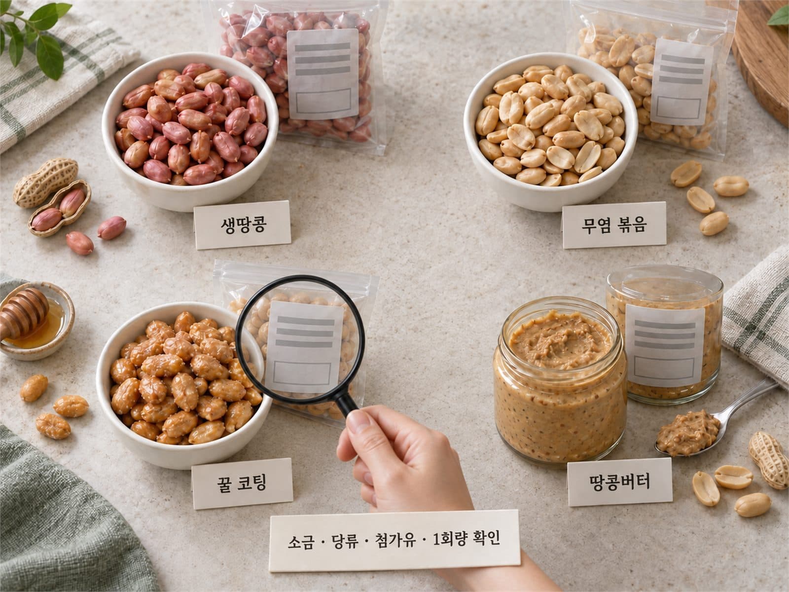 생땅콩, 무염 볶음, 허니땅콩, 땅콩버터 네 제품의 뒷면 라벨을 비교하는 사진