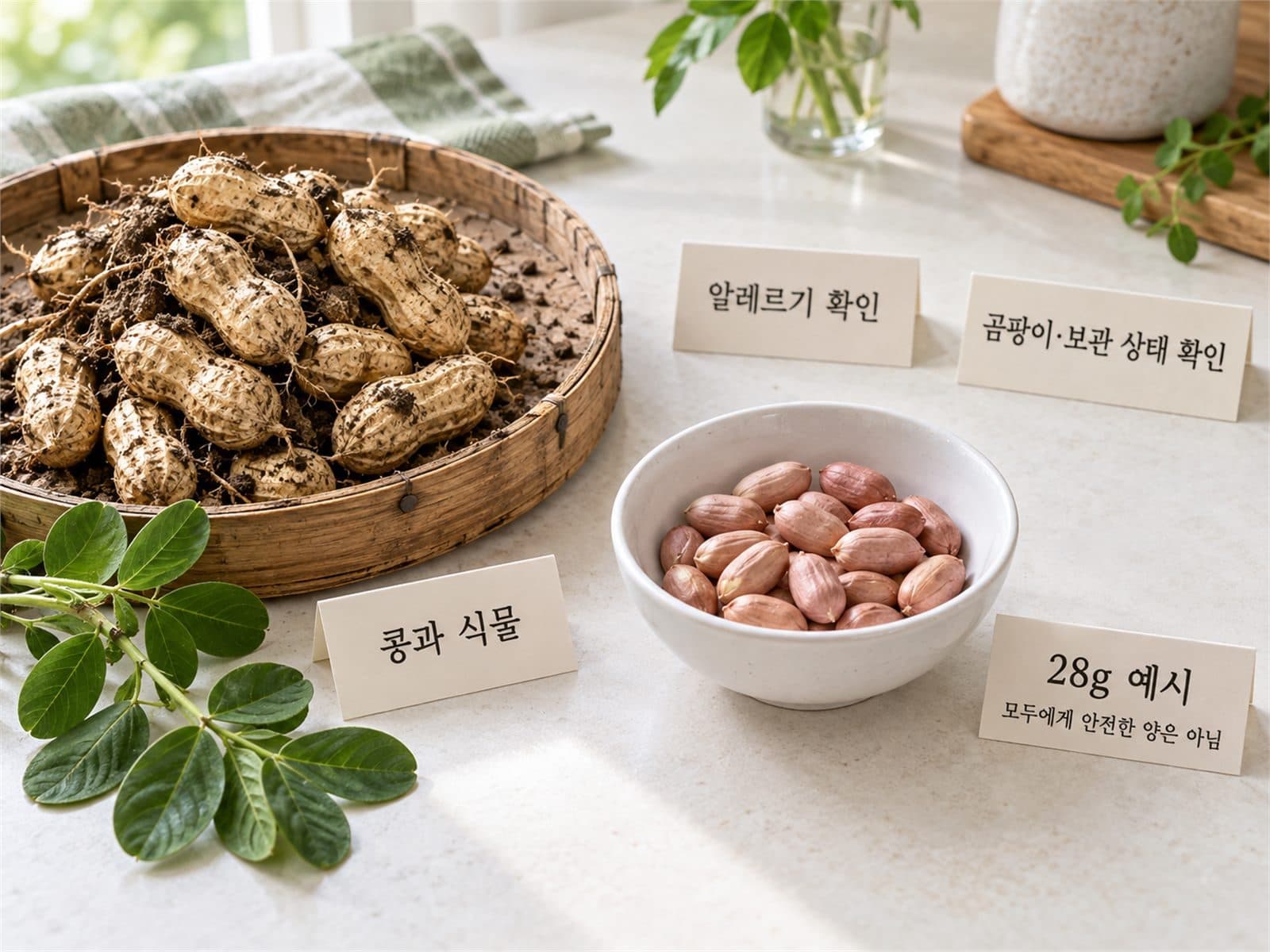땅속 꼬투리 땅콩, 28g 작은 그릇, 알레르기·곰팡이 주의 카드