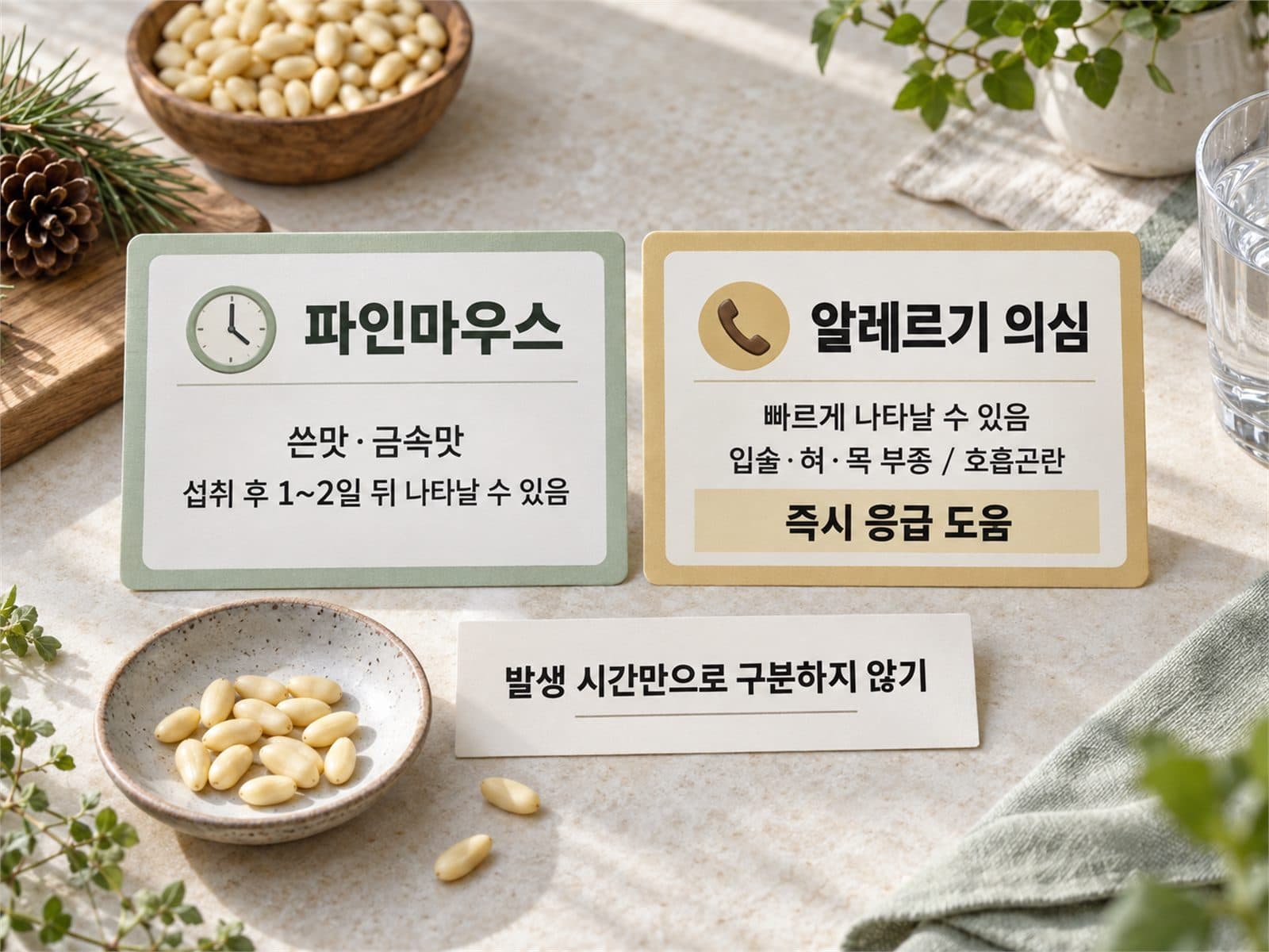 잣 파인마우스 쓴맛과 알레르기 응급증상 비교