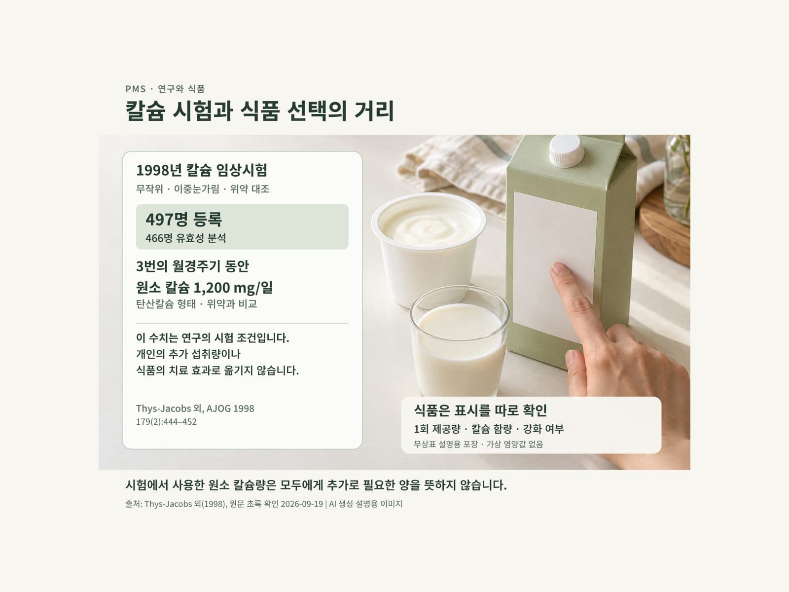 칼슘 임상시험 설명 카드와 식품 라벨을 나란히 둔 구성