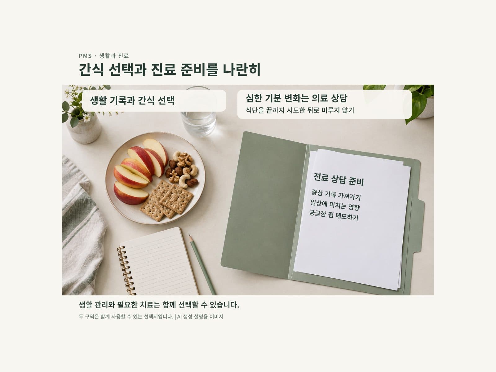 식사 메모와 진료 상담 파일을 나누어 놓은 모습