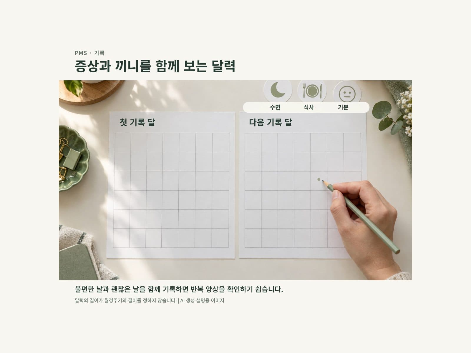 두 월경주기 달력에 증상과 식사 시간을 표시하는 손