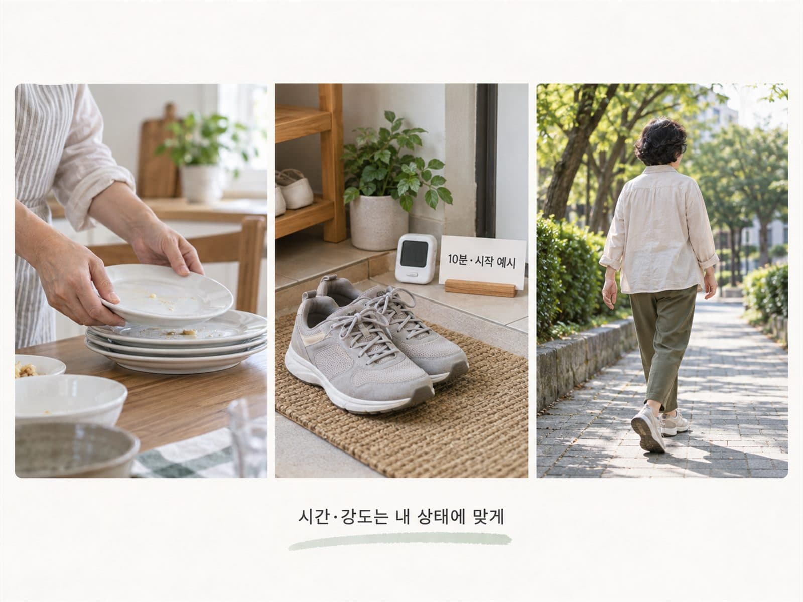 식탁 정리 후 운동화와 타이머, 평지 산책을 표현한 사진