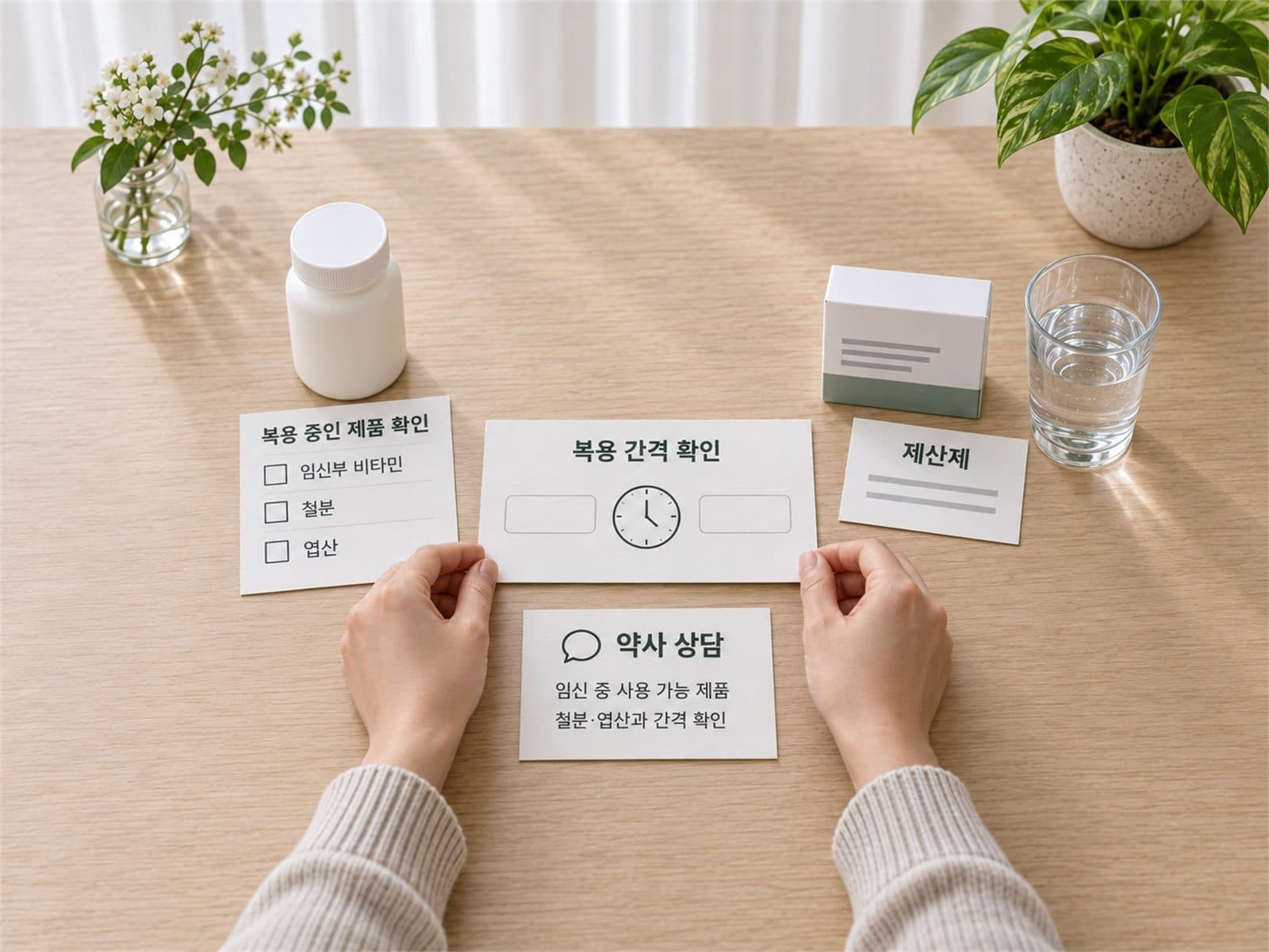 산전비타민, 철분, 엽산, 제산제의 시간표와 약사 상담 카드