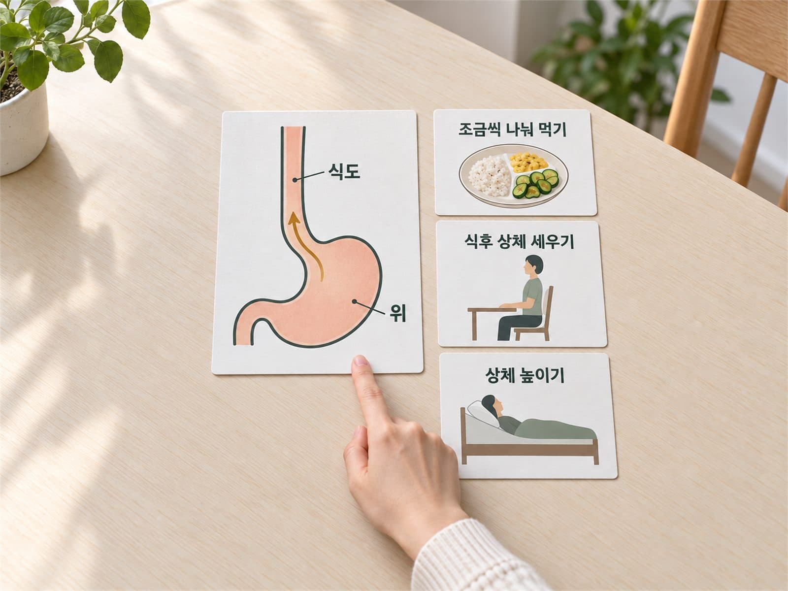 임신부 위·식도 단순 도식과 작은 식사, 식후 앉기, 상체 높이기 카드