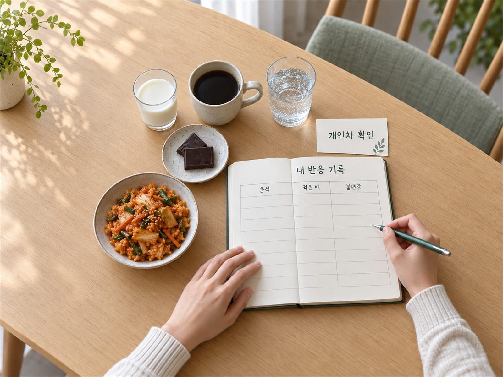 우유, 커피, 초콜릿, 탄산, 매운 음식과 증상 기록표를 배치한 사진