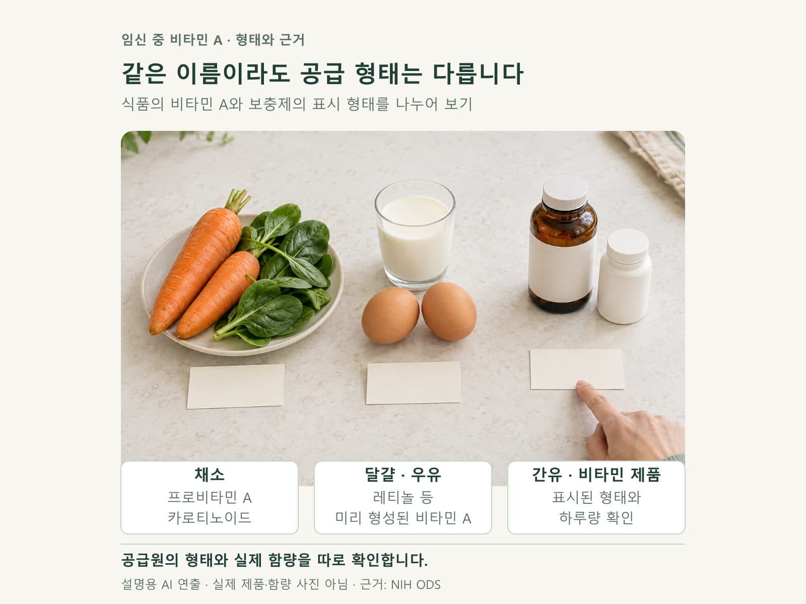 비타민 A 공급원의 형태를 채소와 동물성 식품 및 보충제로 나눈 비교