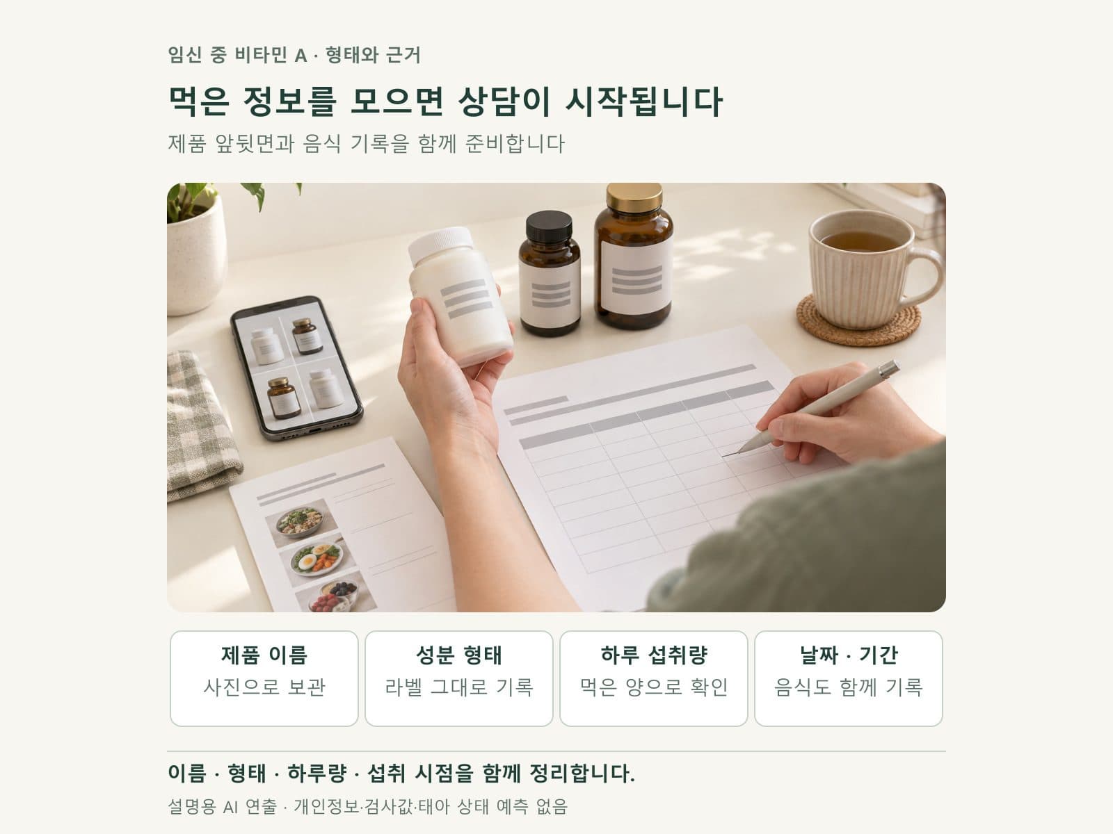 임신 중 비타민 A 제품과 음식 섭취 정보를 정리한 상담 기록