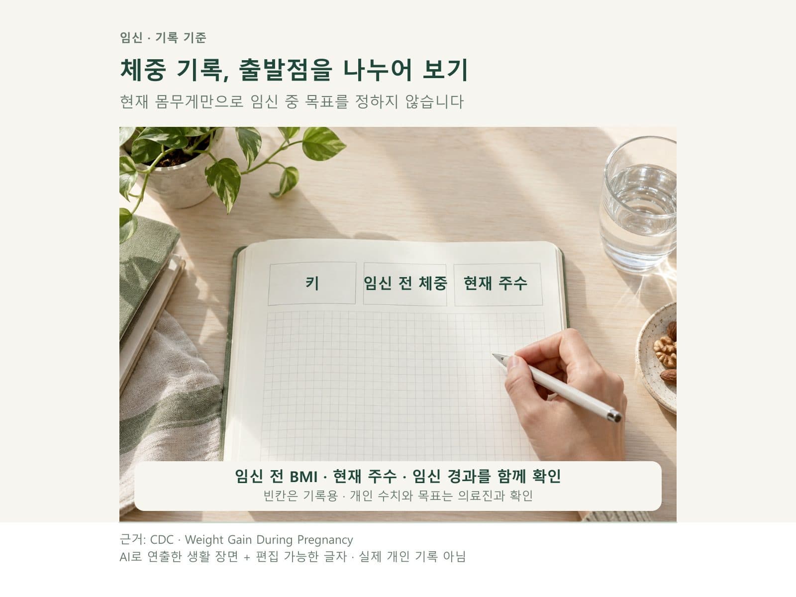 임신 전 체중과 키, 현재 주수를 구분해 기록한 노트