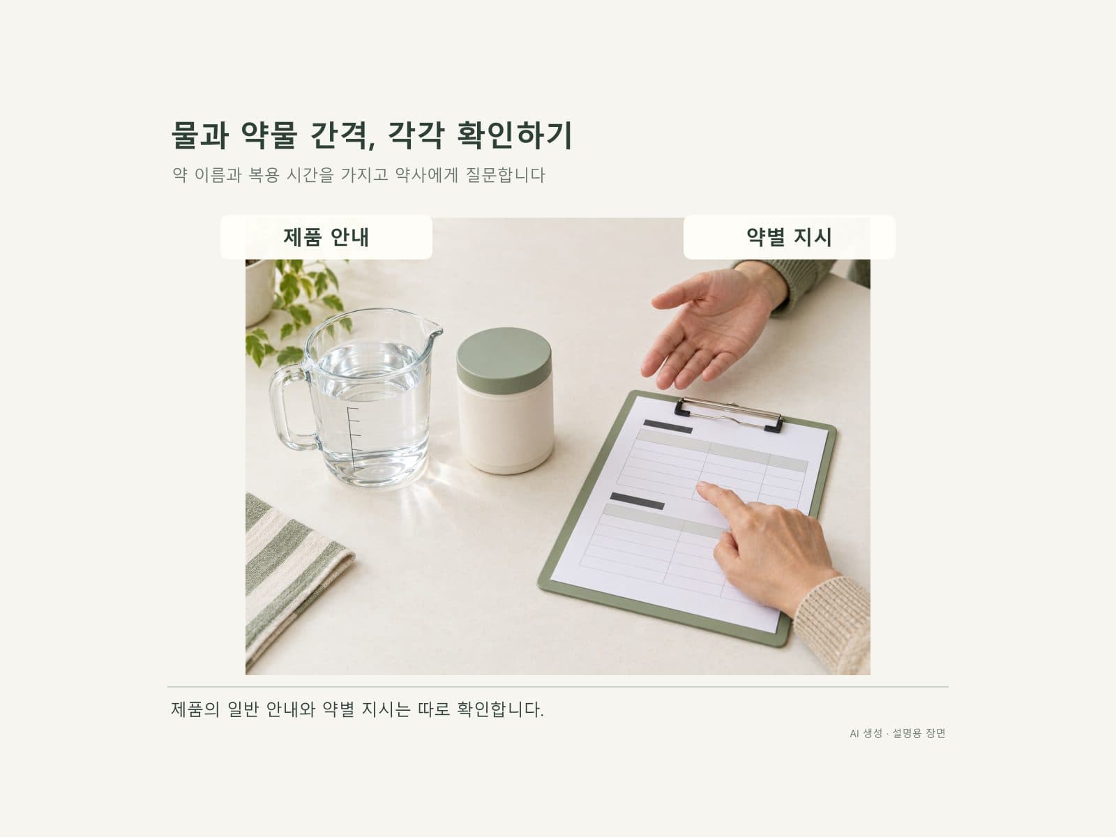 차전자피 물 준비와 약별 복용 간격 확인