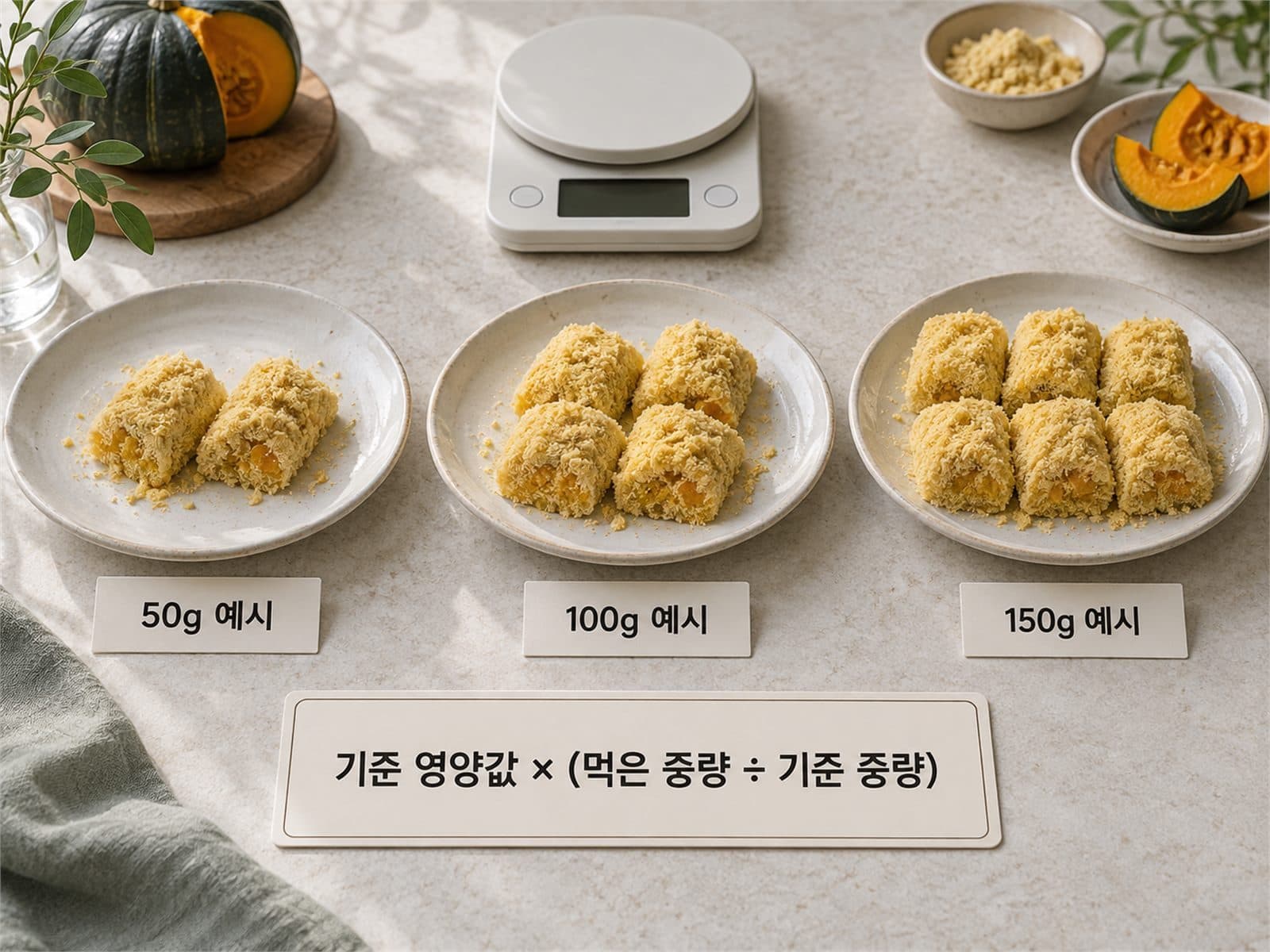 같은 떡을 50g, 100g, 150g 세 접시에 나누고 계산식을 배치한 사진