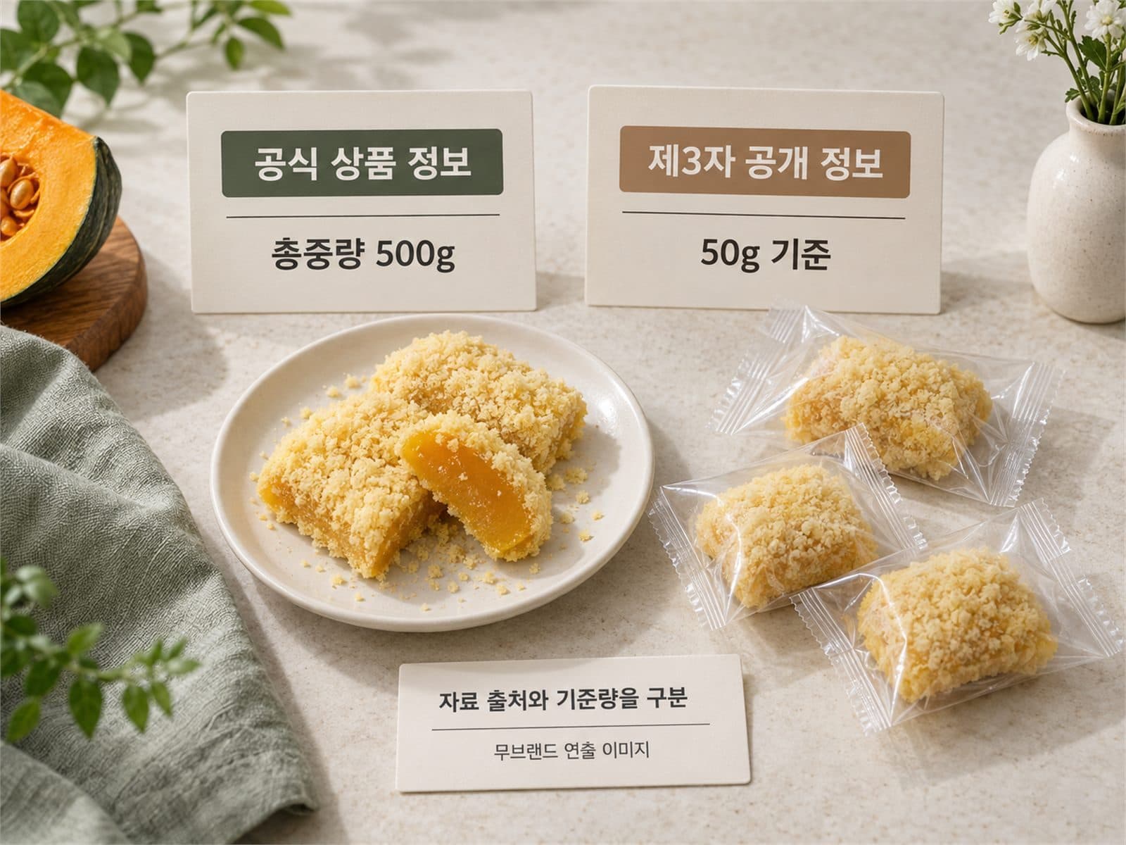 무표기 개별포장떡과 500g 총중량 카드, 50g 공개정보 카드