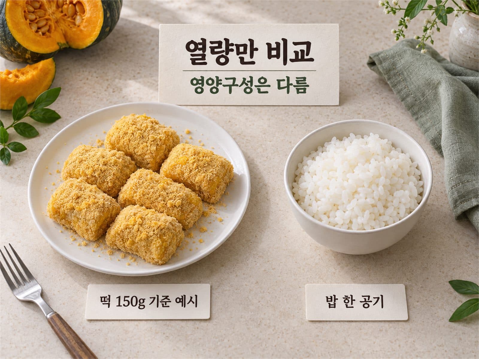 떡 150g 접시와 밥 한 공기, '열량만 비교' 카드