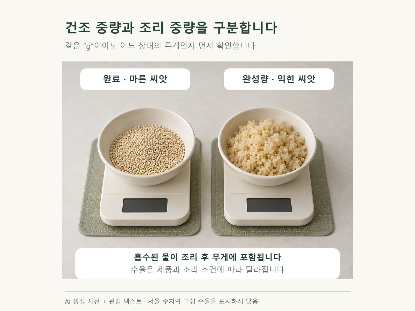 건조량과 완성량의 비교을 설명하는 편집 도식