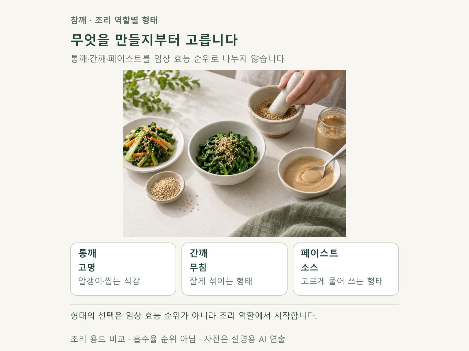 고명과 무침 및 소스에 쓰는 참깨 형태를 비교한 표
