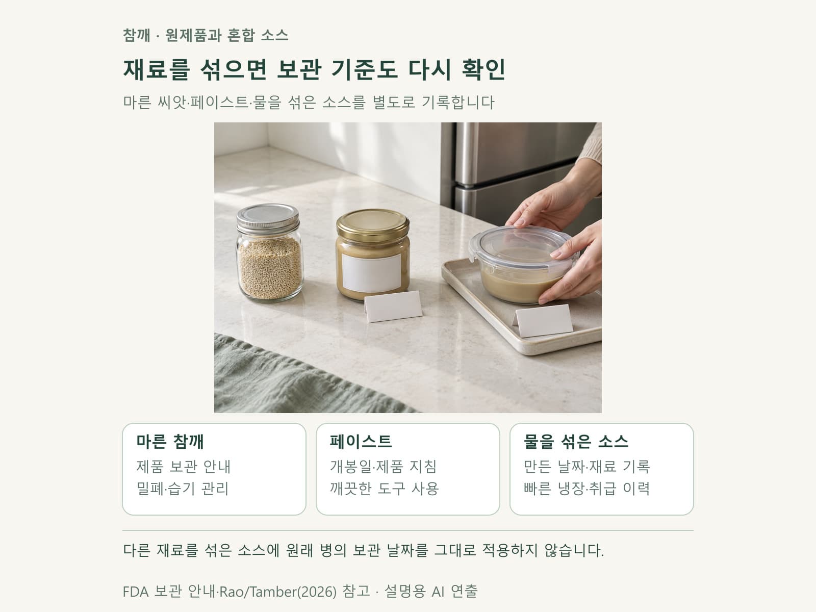 마른 참깨와 페이스트 및 혼합 소스를 나눈 보관 준비