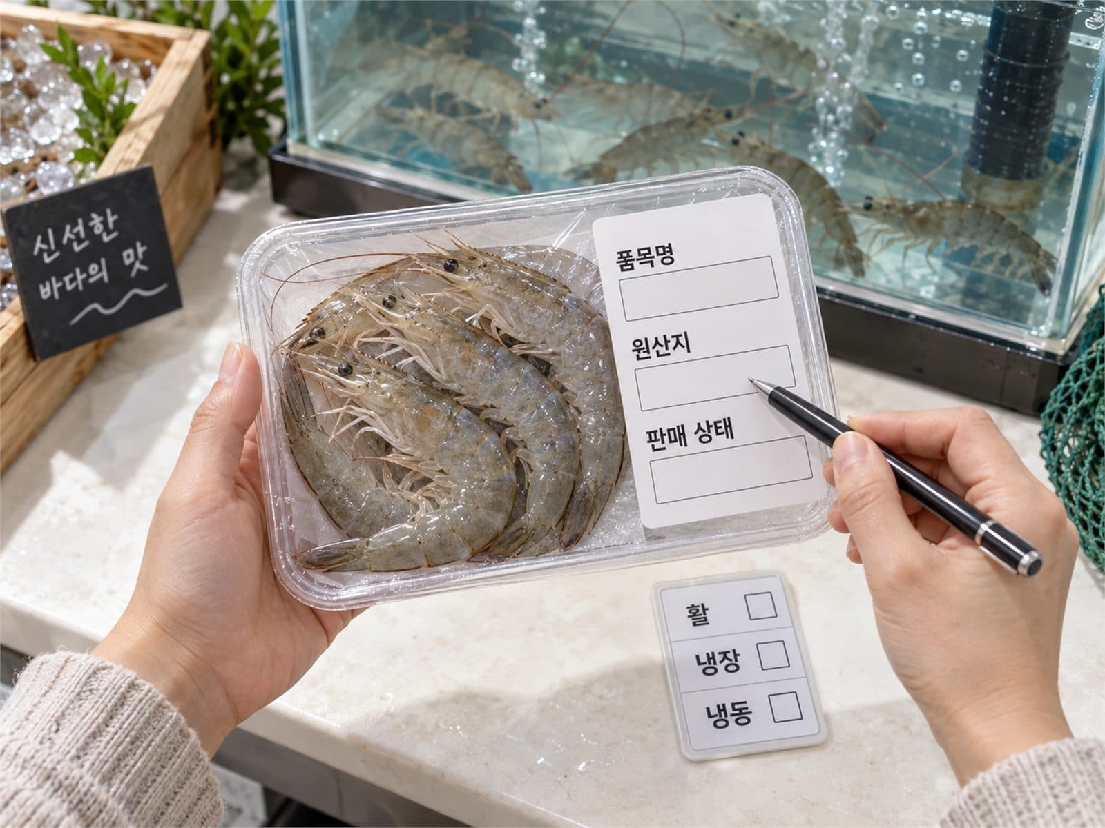 생새우 수조와 포장에서 품목명 원산지 판매상태를 확인하는 모습