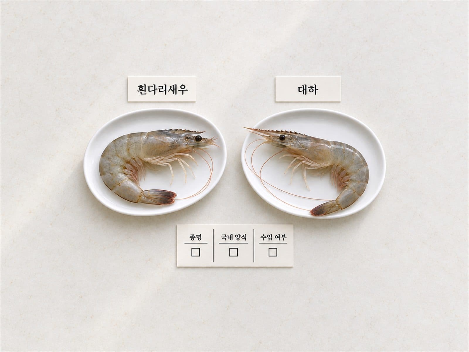 대하와 흰다리새우의 종명과 국내 양식 원산지 차이 비교