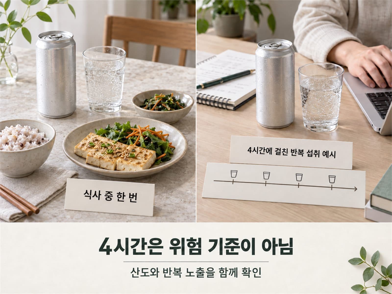 탄산수 한 번 마시기와 오래 홀짝이기 치아 노출 비교