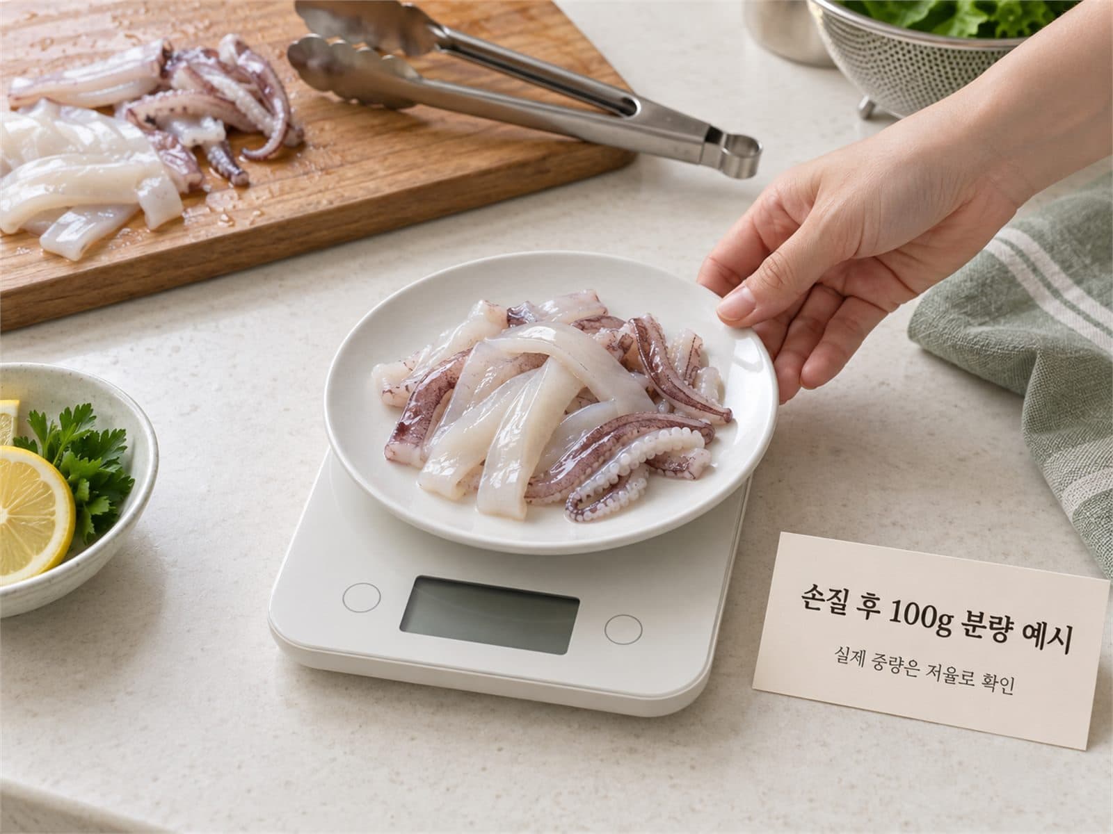 손질한 오징어 100그램 분량