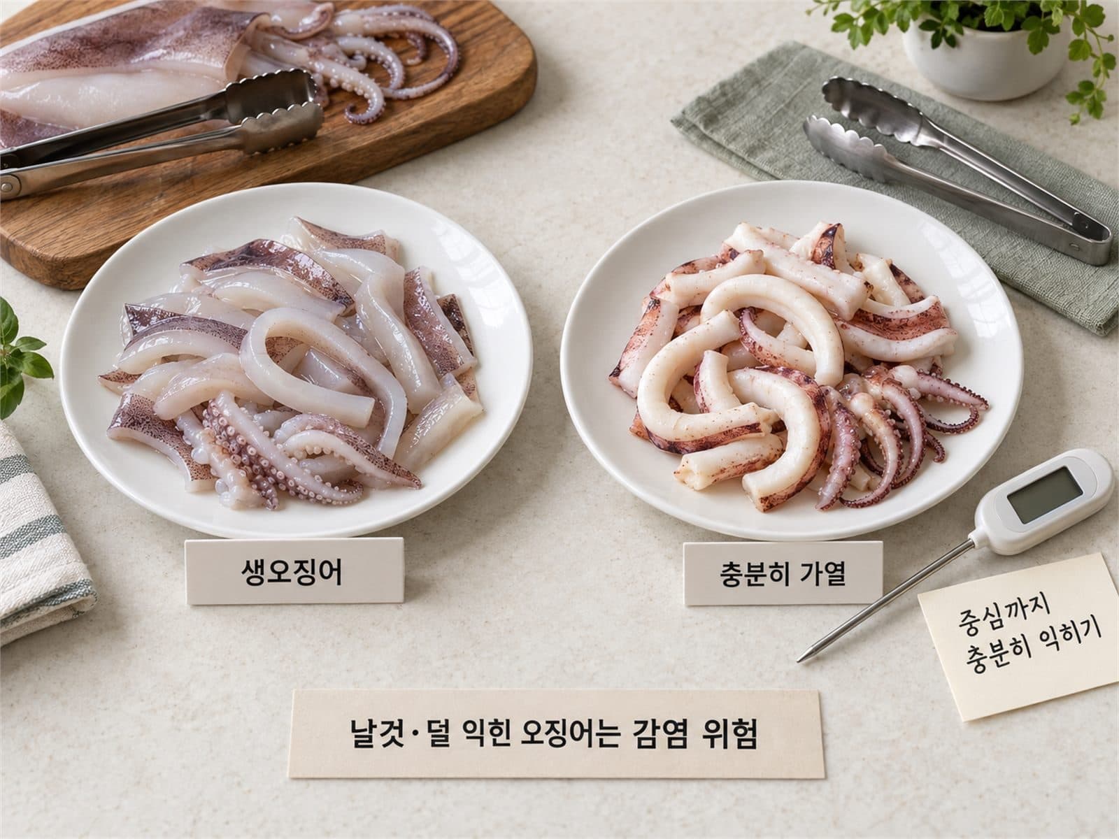 생오징어 아니사키스와 충분한 가열