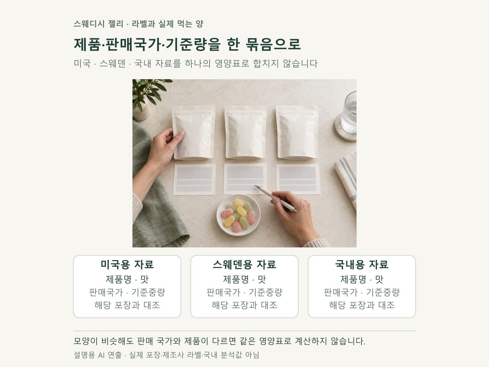 젤리의 제품명과 판매 국가 및 표시 중량을 대조하는 카드