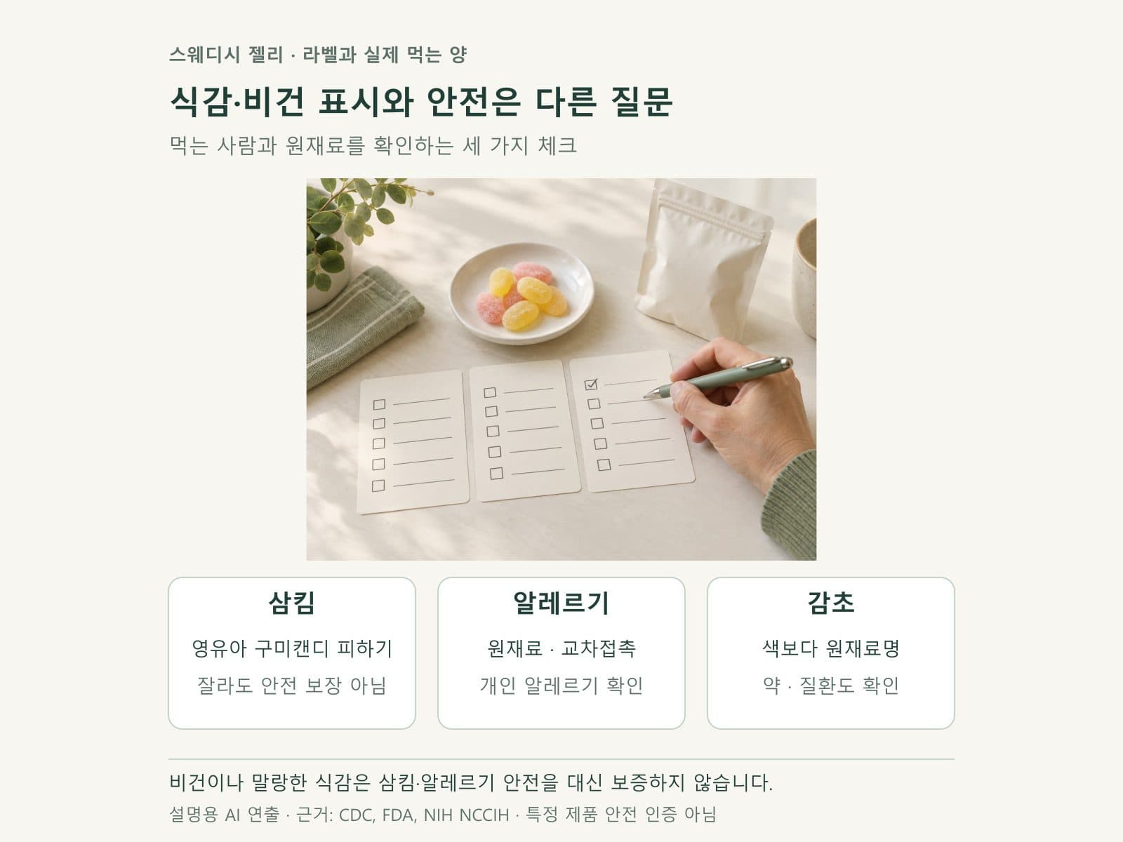 젤리를 고르기 전 삼킴과 알레르기 및 감초 원료를 확인하는 카드