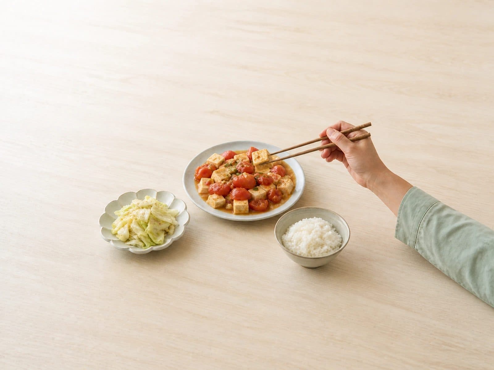 토마토두부볶음과 양배추무침, 밥을 함께 차린 한 끼 상차림