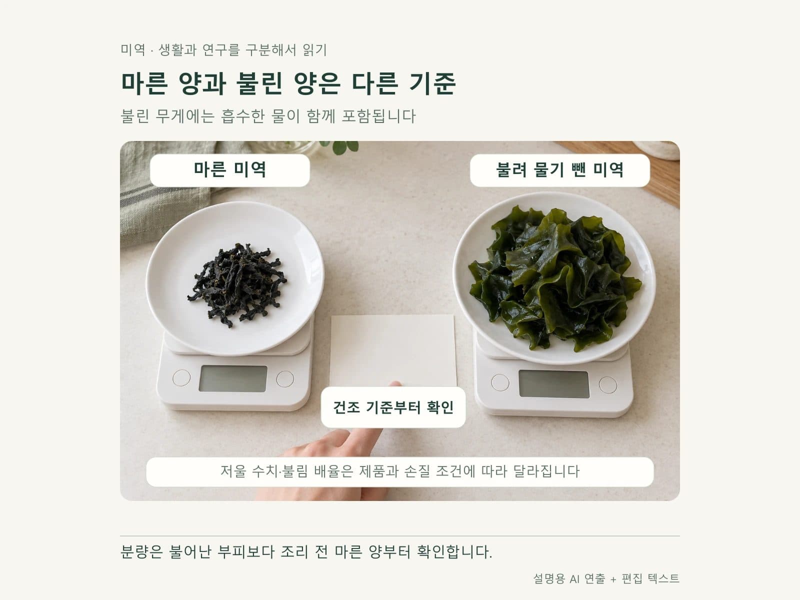 마른 중량과 불린 중량 — 흡수한 물과 원재료량의 구분