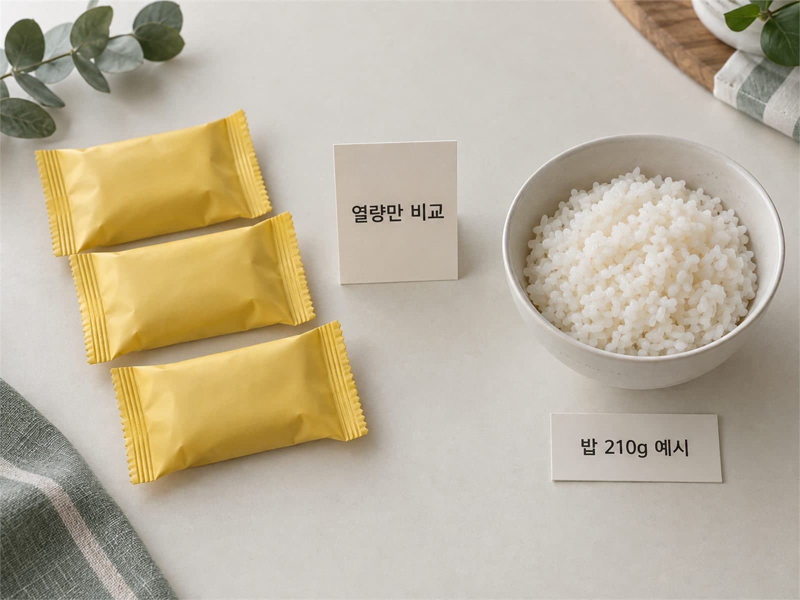 황치즈칩 세 봉과 밥 한 공기 열량 비교