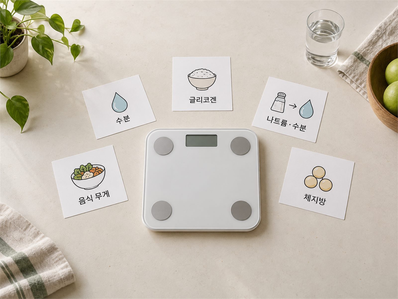 외식 다음 날 체중 체지방 수분 글리코겐 음식 무게 구성