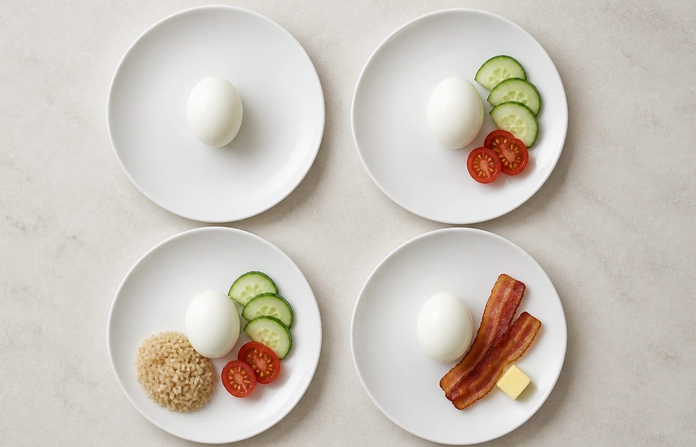 계란만 먹는 식사부터 채소와 통곡물을 더한 식사, 가공육을 더한 식사를 나란히 비교한 구성