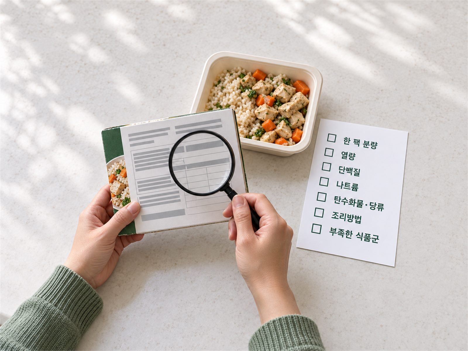 냉동도시락 제품의 영양정보 라벨을 확인하는 사진