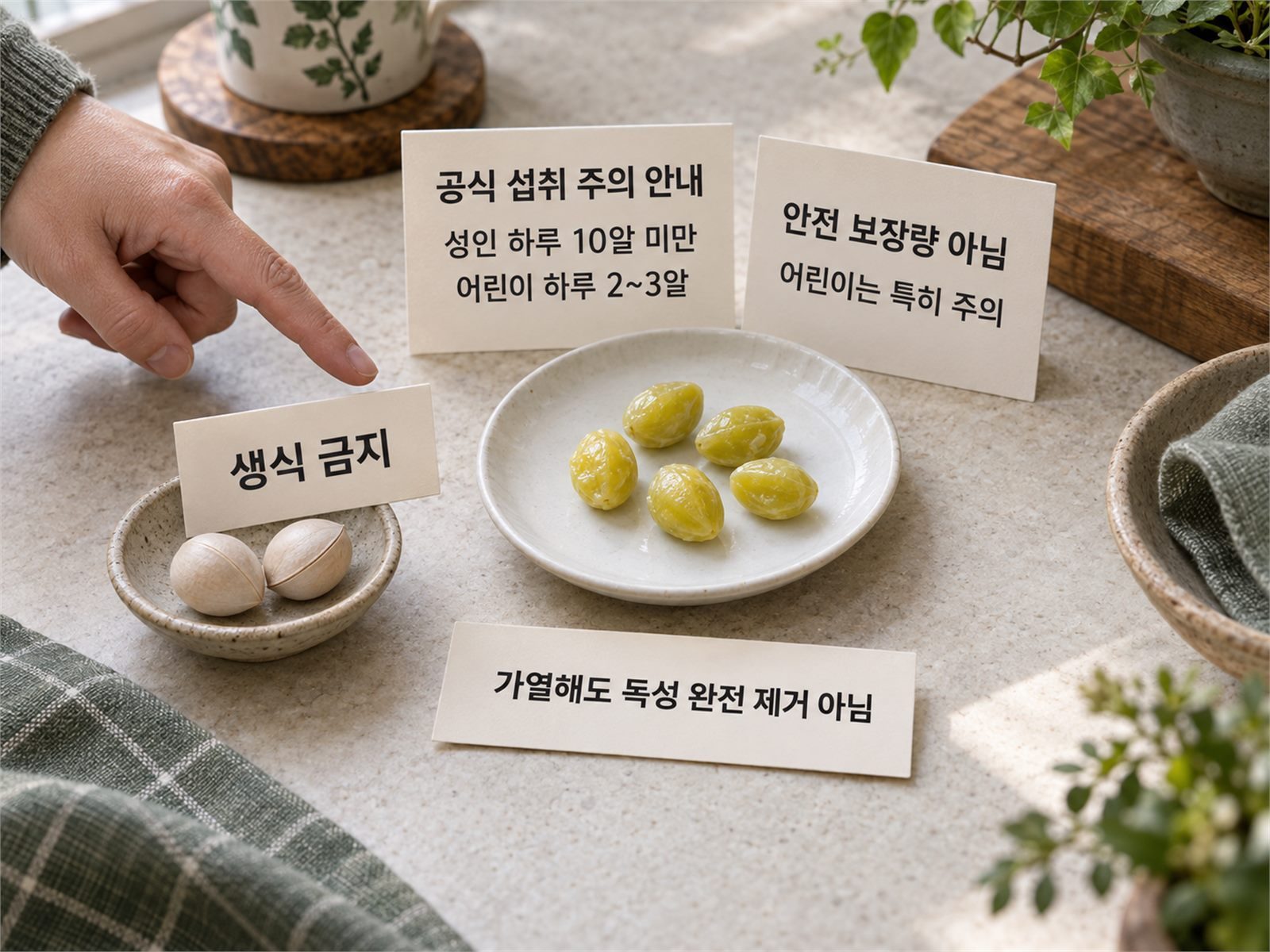 익힌 은행 소량 접시와 성인 10알·어린이 2~3알 주의 카드