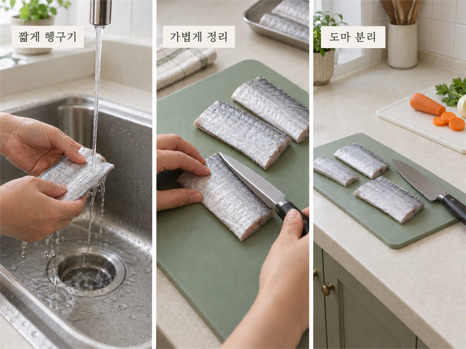 갈치를 흐르는 물에 씻고 표면을 손질하는 사진