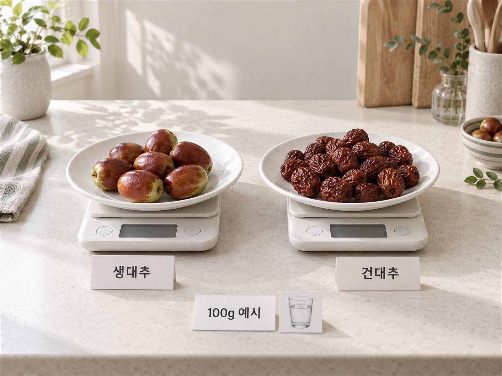 생대추와 말린 대추를 나란히 놓고 비교한 사진