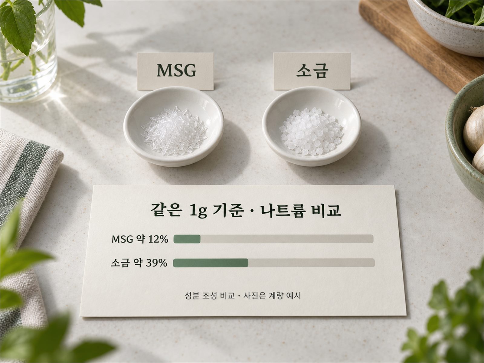 MSG와 소금 같은 무게 나트륨 비교