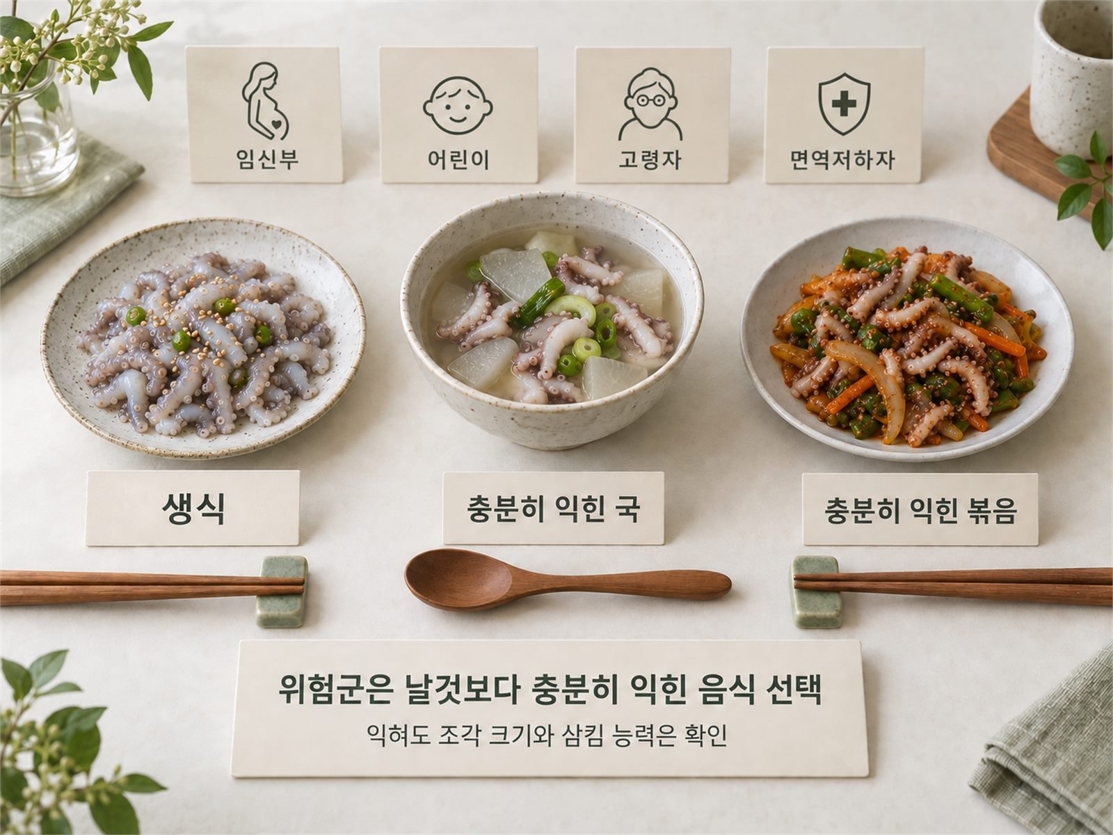 산낙지, 연포탕, 볶음 세 접시와 고위험군 아이콘
