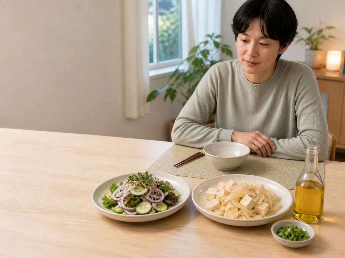 생양파 샐러드와 부드럽게 볶은 양파 반찬을 비교해 자신의 위장 반응에 맞는 조리법을 고르는 모습
