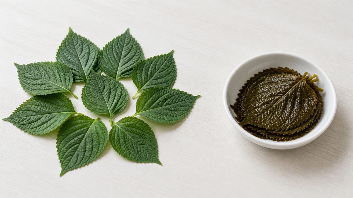 생 깻잎과 깻잎장아찌를 나란히 놓고 실제 먹는 양을 비교한 모습