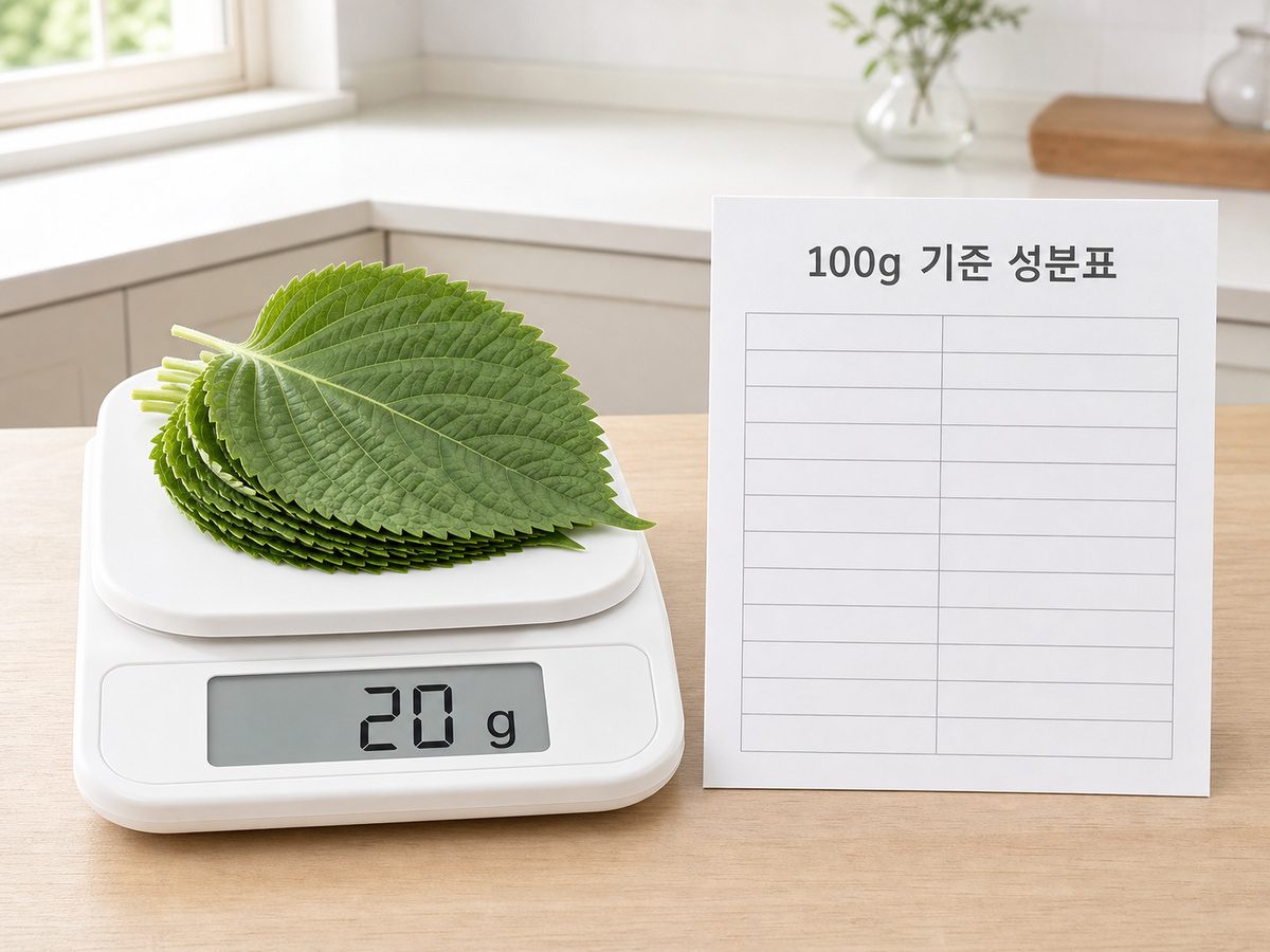 주방저울 위 생 깻잎 20g과 100g 성분표를 구분해 보여주는 모습