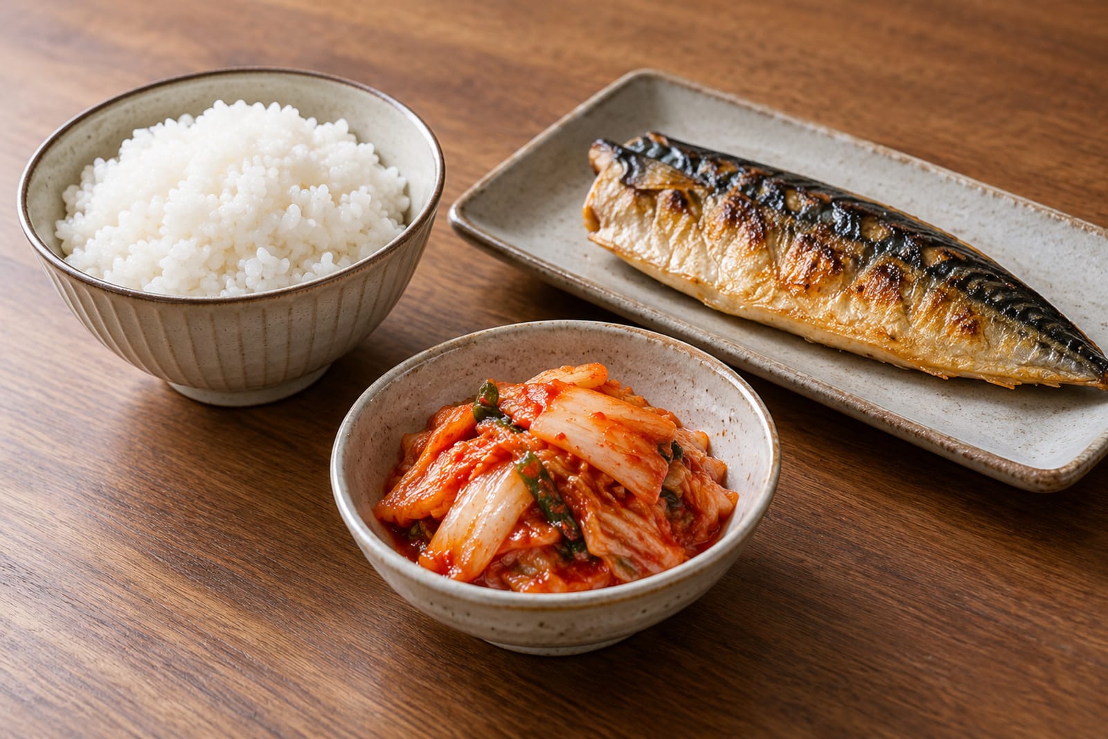 김치 반찬과 흰밥 및 생선 접시가 있는 식탁 일부