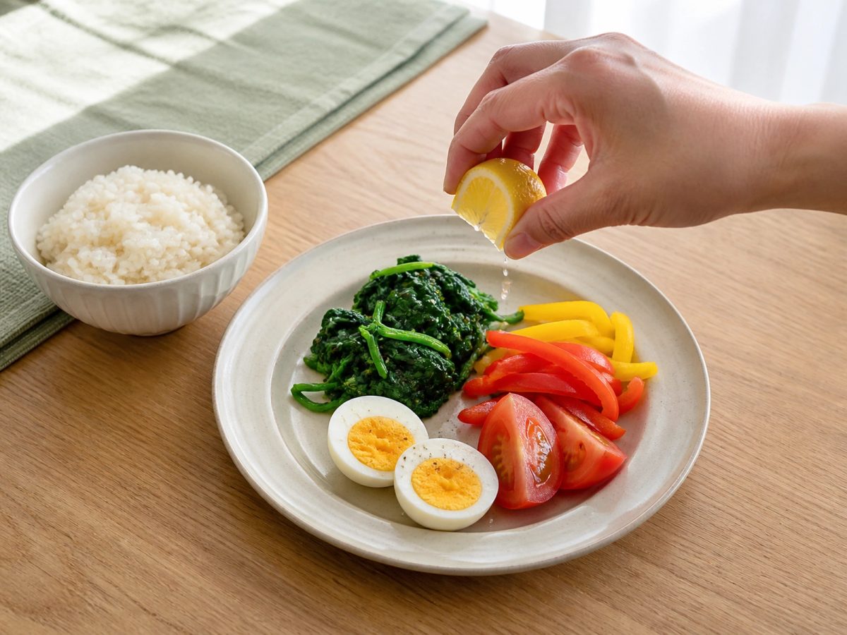 데친 시금치와 파프리카 토마토 달걀을 함께 구성한 한 끼